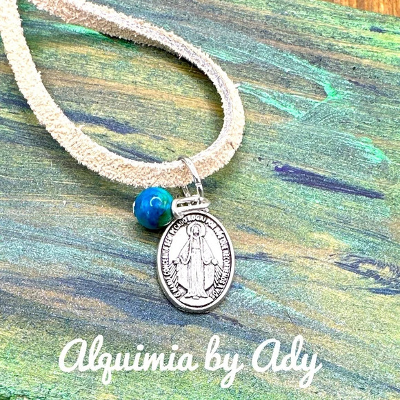 Virgin Mary medal turquoise suede leather cord wrap around choker necklace - Picture 2 of 5